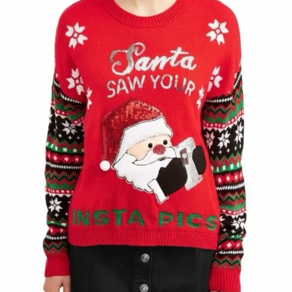 NWOT No Boundaries Santa Saw Your Insta Pics Ugly Christmas Sweater Sz XS Jrs